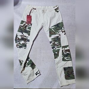 AKS Louis Brown Cargo Pants Mens Cream Camo Patchwork Utility Military Style NWT